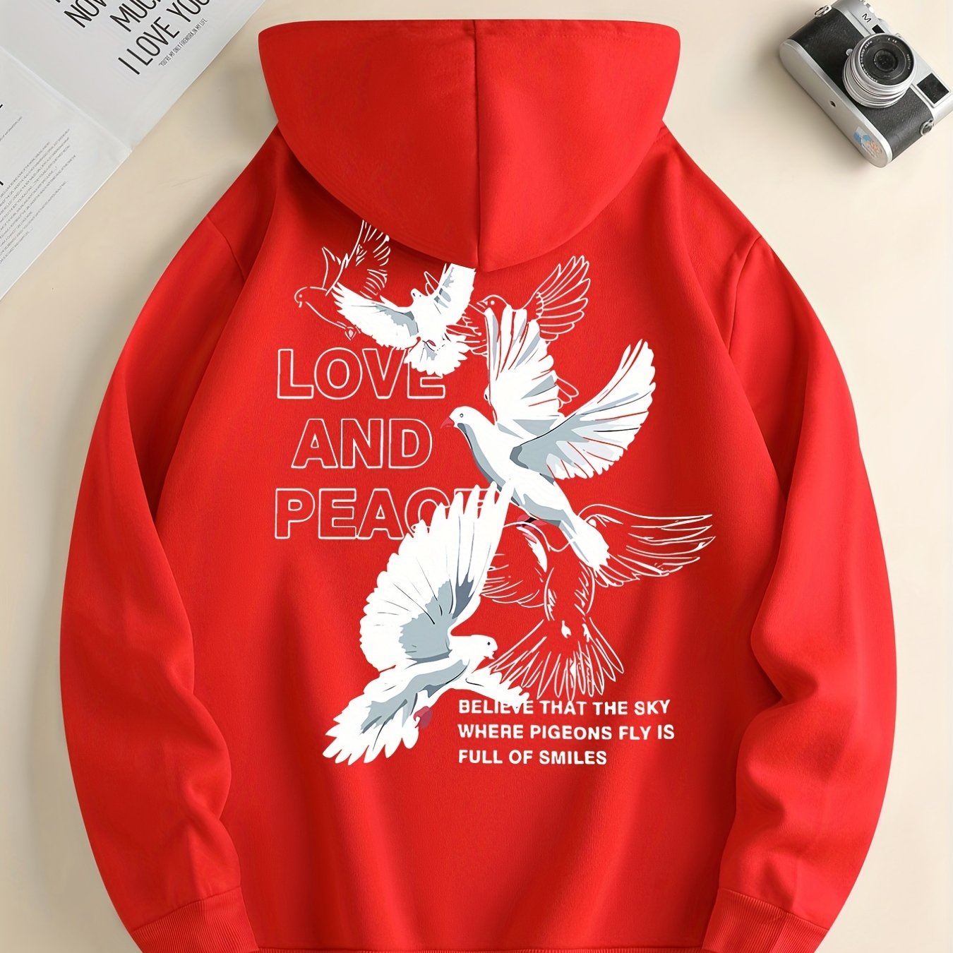 Hoodies For Men, 'Love And Peace' Graphic Print Hoodie, Men’s Casual Pullover Hooded Sweatshirt With Kangaroo Pocket For Spring Fall, As Gifts