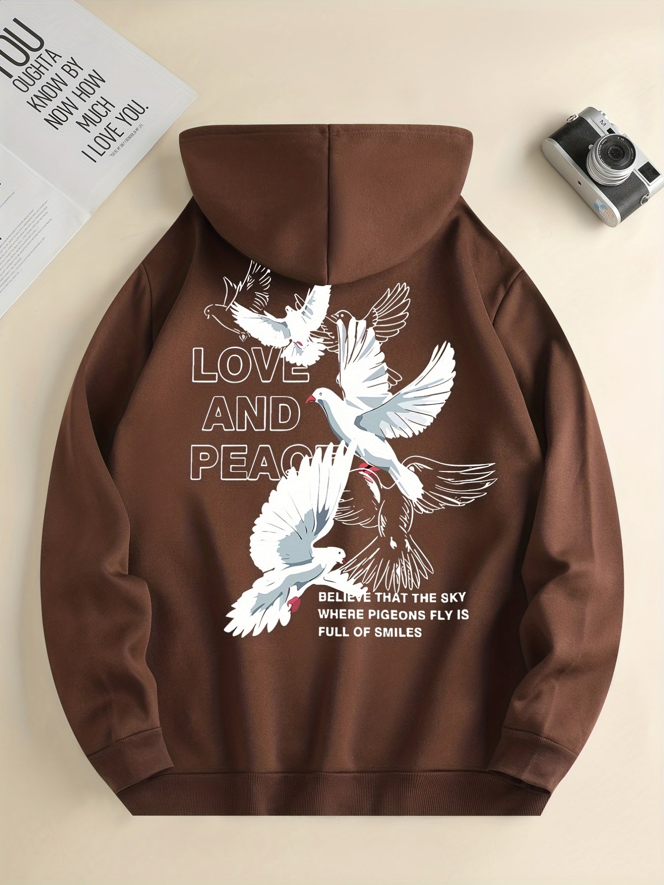 Hoodies For Men, 'Love And Peace' Graphic Print Hoodie, Men’s Casual Pullover Hooded Sweatshirt With Kangaroo Pocket For Spring Fall, As Gifts
