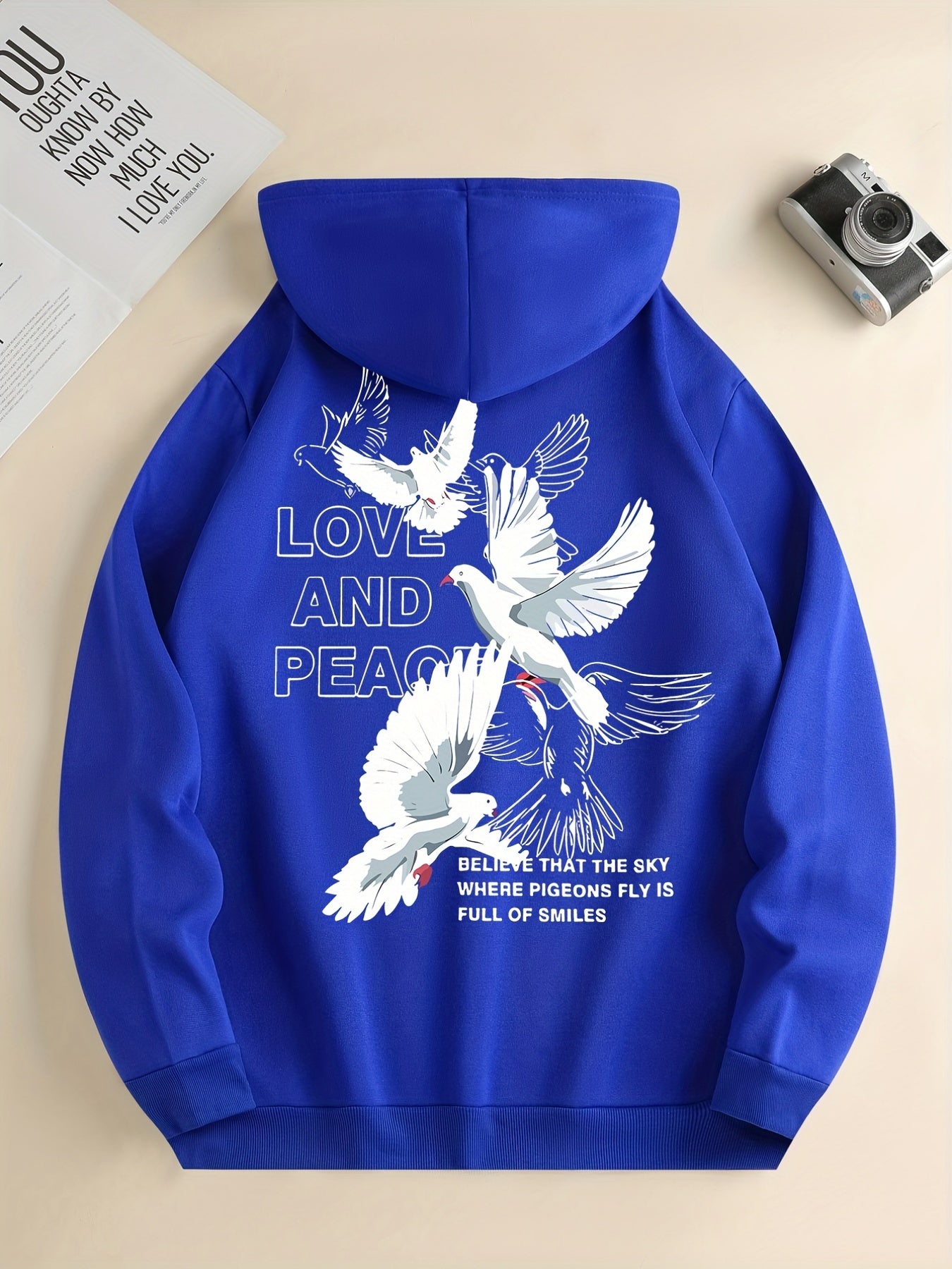 Hoodies For Men, 'Love And Peace' Graphic Print Hoodie, Men’s Casual Pullover Hooded Sweatshirt With Kangaroo Pocket For Spring Fall, As Gifts
