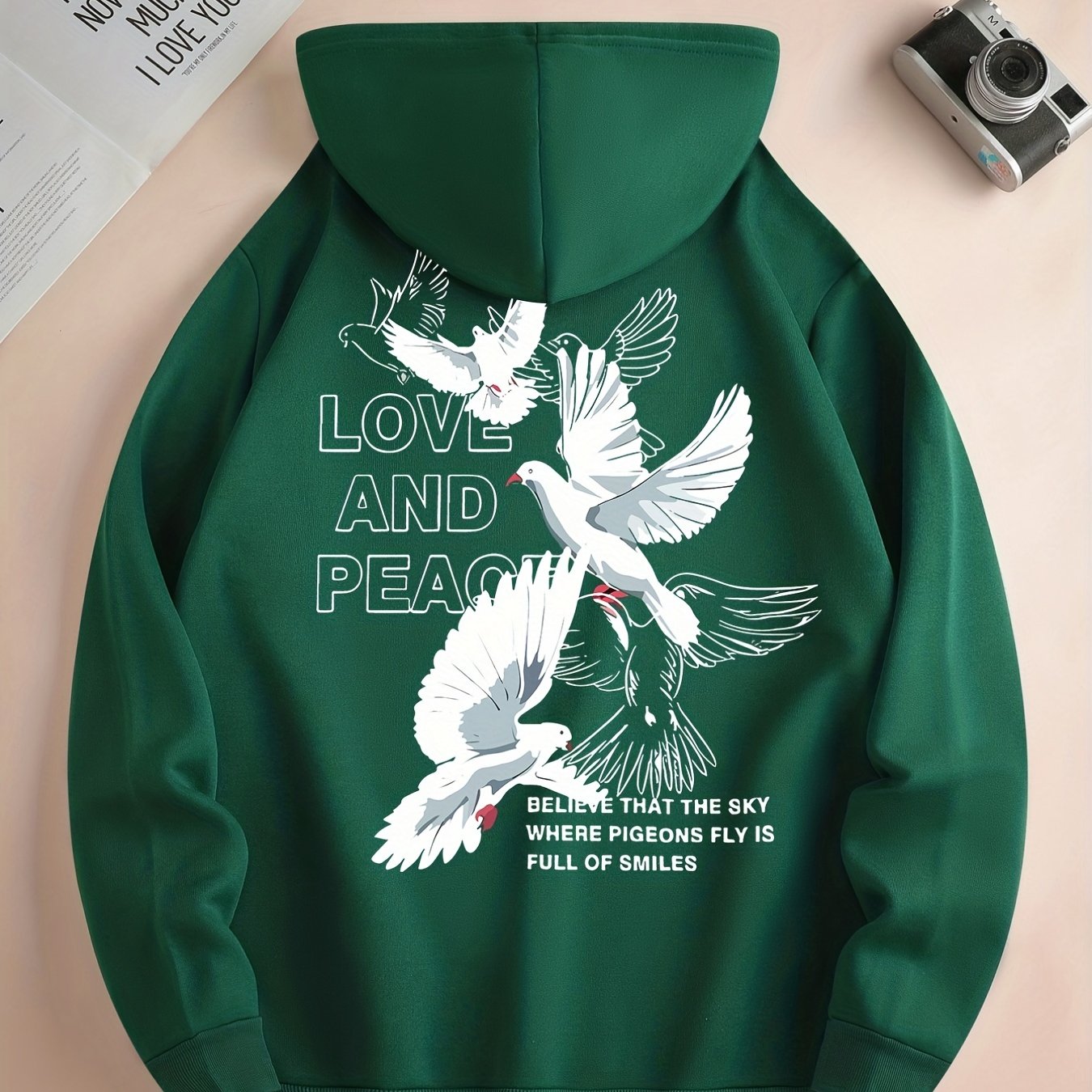 Hoodies For Men, 'Love And Peace' Graphic Print Hoodie, Men’s Casual Pullover Hooded Sweatshirt With Kangaroo Pocket For Spring Fall, As Gifts