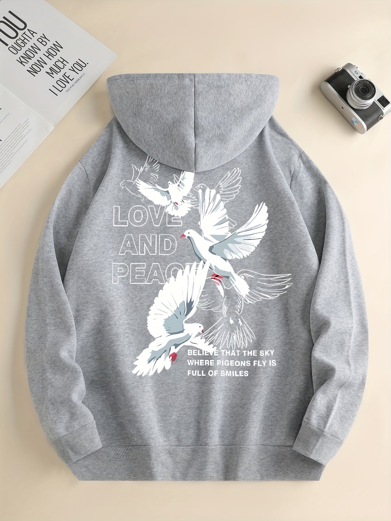Hoodies For Men, 'Love And Peace' Graphic Print Hoodie, Men’s Casual Pullover Hooded Sweatshirt With Kangaroo Pocket For Spring Fall, As Gifts