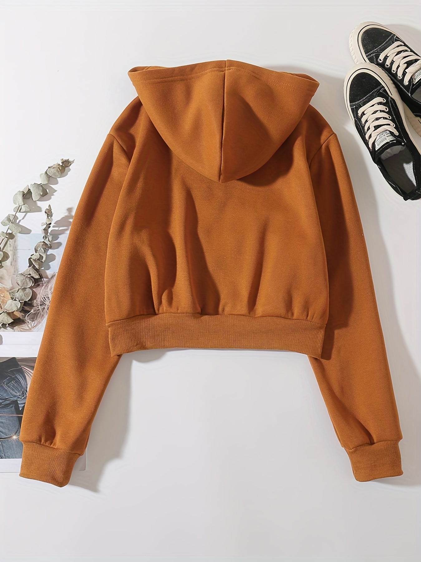 Zip Up Crop Hoodies, Long Sleeve Sports Casual Sweatshirt, Women's Clothing
