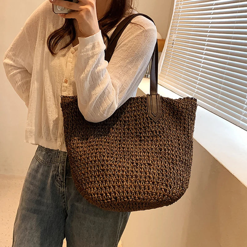 Summer Beach Bags For Women Handmade Rattan Woven Shoulder Bags Large Capacity Straw Bag Bohemian Casual Travel Handbag Totes