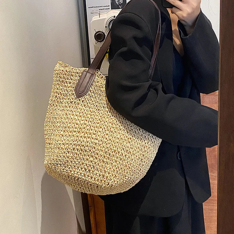 Summer Beach Bags For Women Handmade Rattan Woven Shoulder Bags Large Capacity Straw Bag Bohemian Casual Travel Handbag Totes