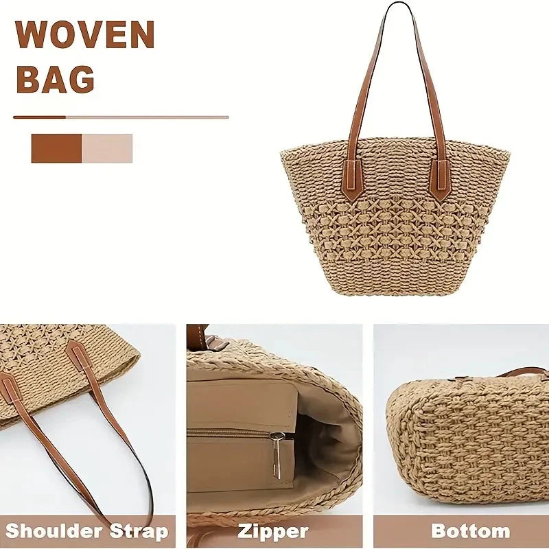 Summer Straw Bags for Women Straw Shoulder Bags Rattan Woven Top Handle Bag Hollow Raffia Crochet Bag Casual Handbags