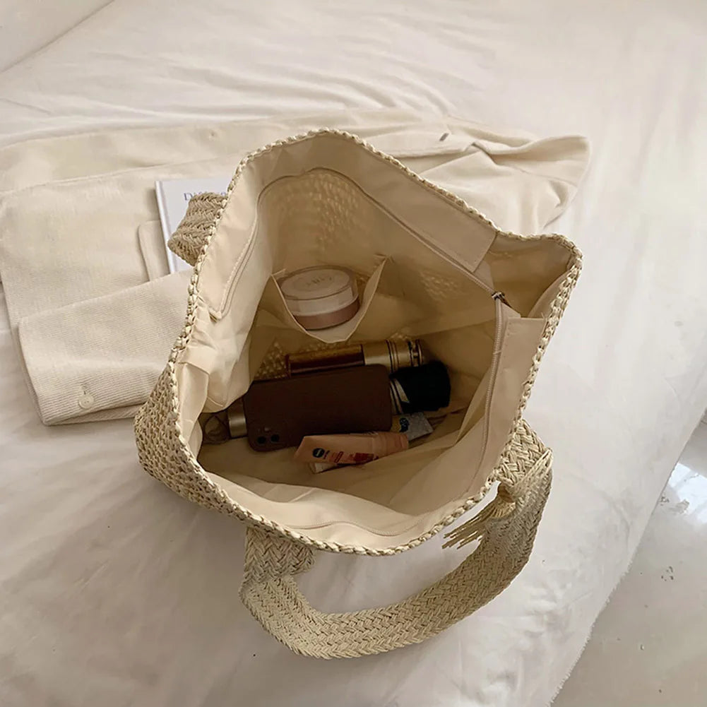 Summer Straw Bag for Women Handmade Woven Shoulder Bag Large Capacity Tote Bags with Pendant Armpit Bag Top-handle Handbag Purse