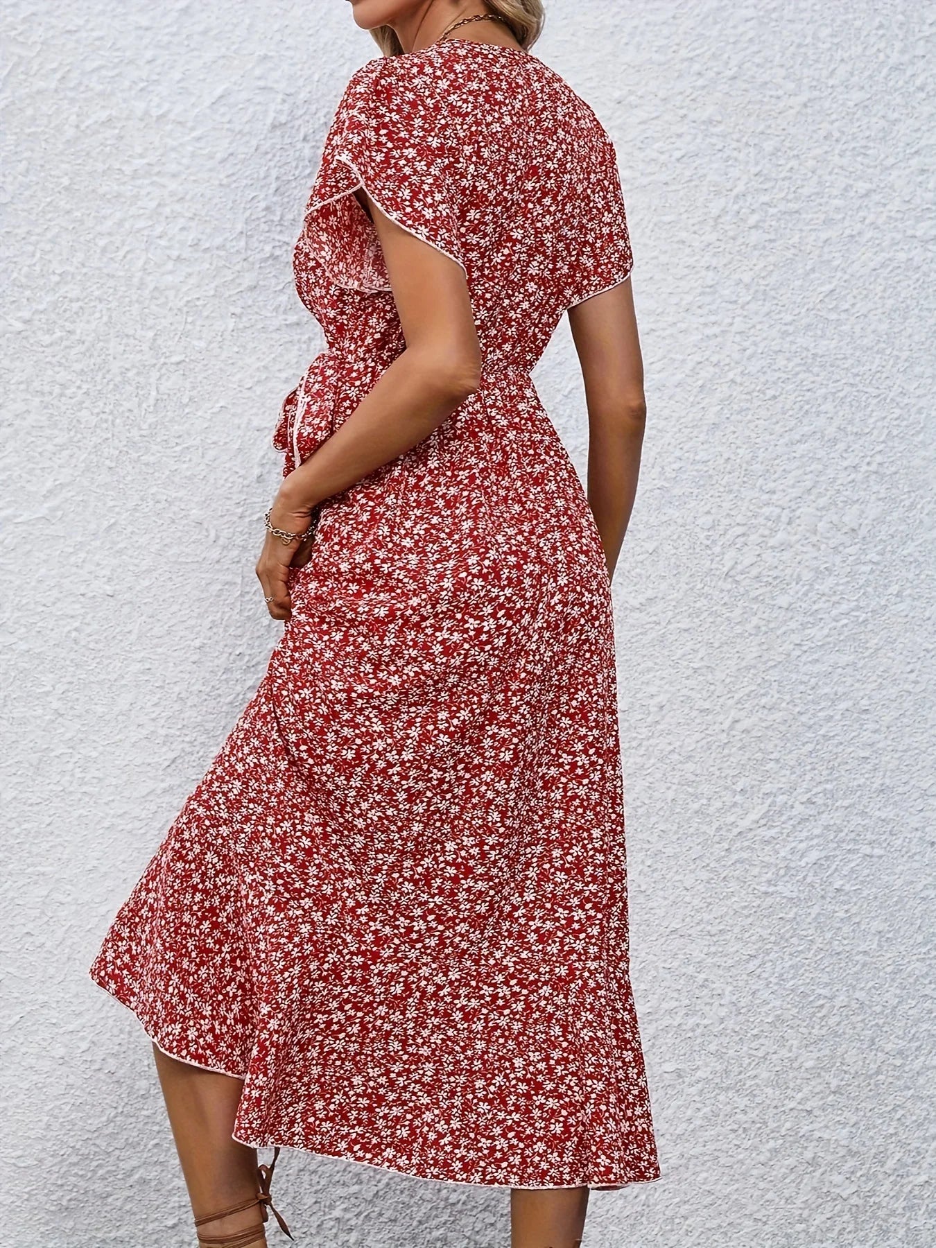 Summer Dresses for Women Sexy V Neck Short Sleeve Irregular High Waist Lace-up Flower Print Dress Casual Beach Dresses