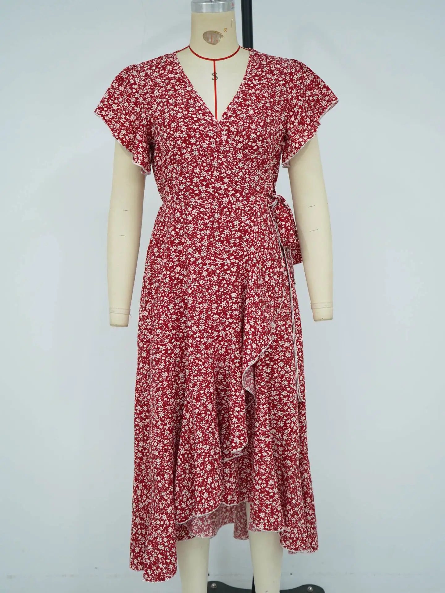 Summer Dresses for Women Sexy V Neck Short Sleeve Irregular High Waist Lace-up Flower Print Dress Casual Beach Dresses