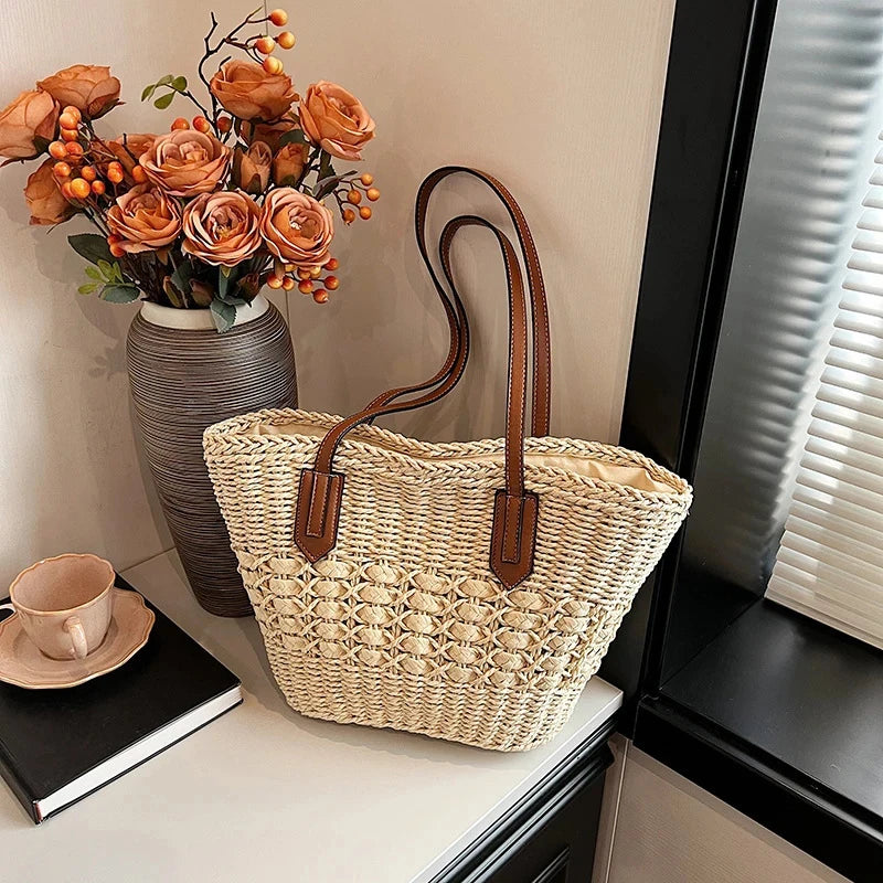 Summer Straw Bags for Women Straw Shoulder Bags Rattan Woven Top Handle Bag Hollow Raffia Crochet Bag Casual Handbags
