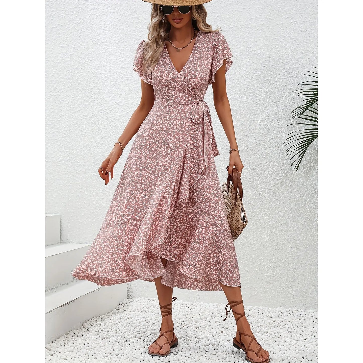Summer Dresses for Women Sexy V Neck Short Sleeve Irregular High Waist Lace-up Flower Print Dress Casual Beach Dresses