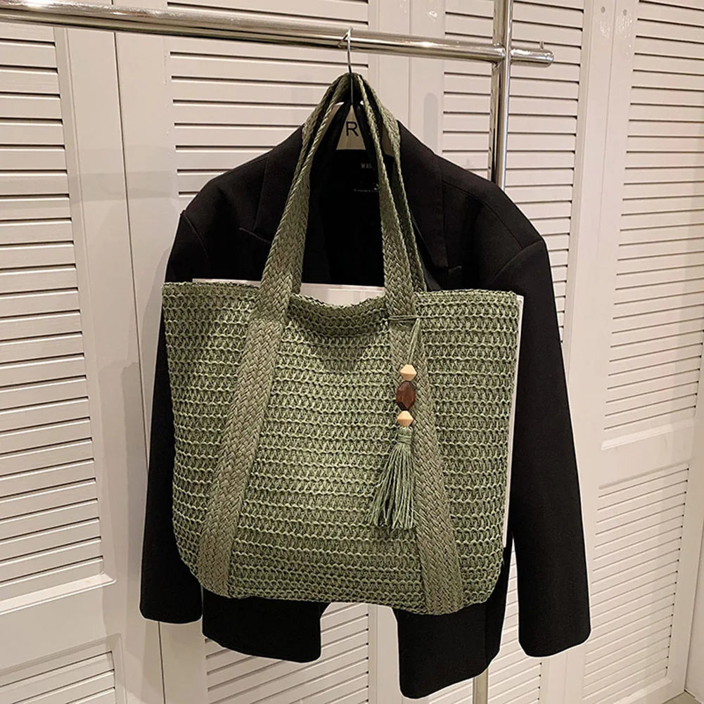 Summer Straw Bag for Women Handmade Woven Shoulder Bag Large Capacity Tote Bags with Pendant Armpit Bag Top-handle Handbag Purse