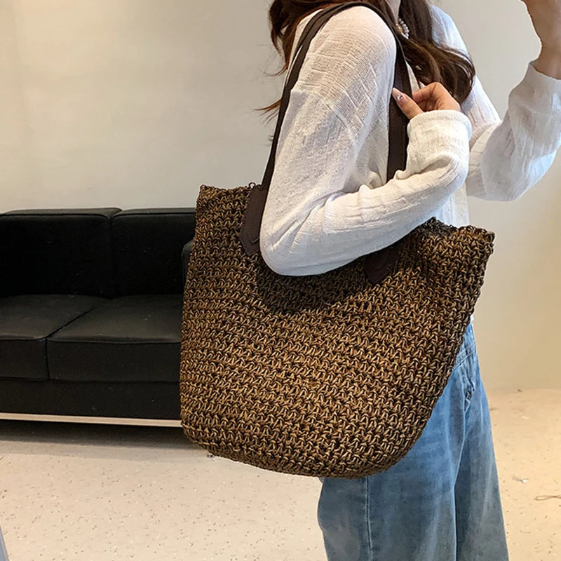 Summer Beach Bags For Women Handmade Rattan Woven Shoulder Bags Large Capacity Straw Bag Bohemian Casual Travel Handbag Totes