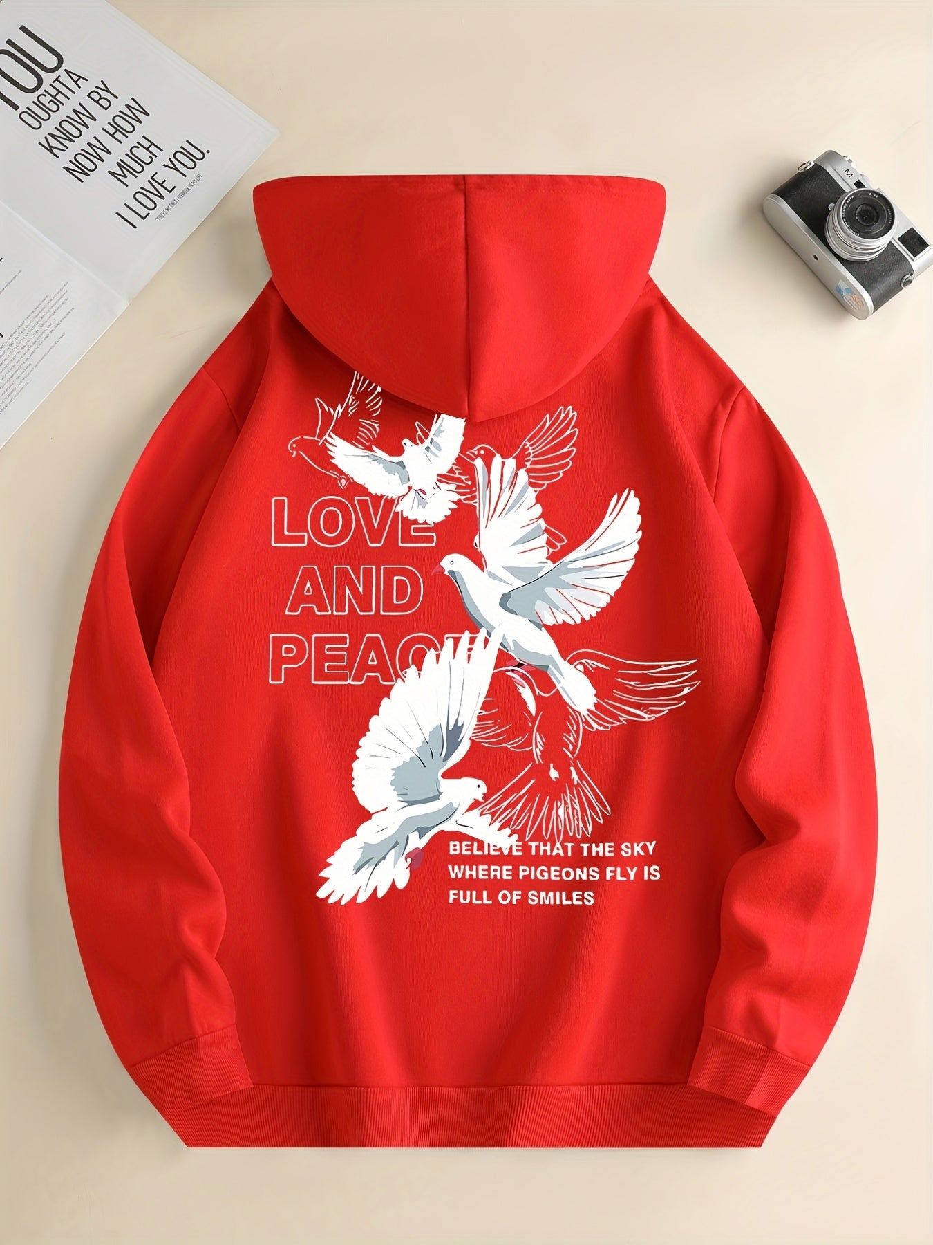 Hoodies For Men, 'Love And Peace' Graphic Print Hoodie, Men’s Casual Pullover Hooded Sweatshirt With Kangaroo Pocket For Spring Fall, As Gifts