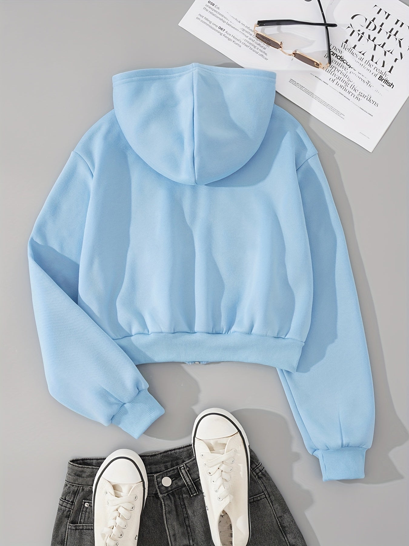 Zip Up Crop Hoodies, Long Sleeve Sports Casual Sweatshirt, Women's Clothing