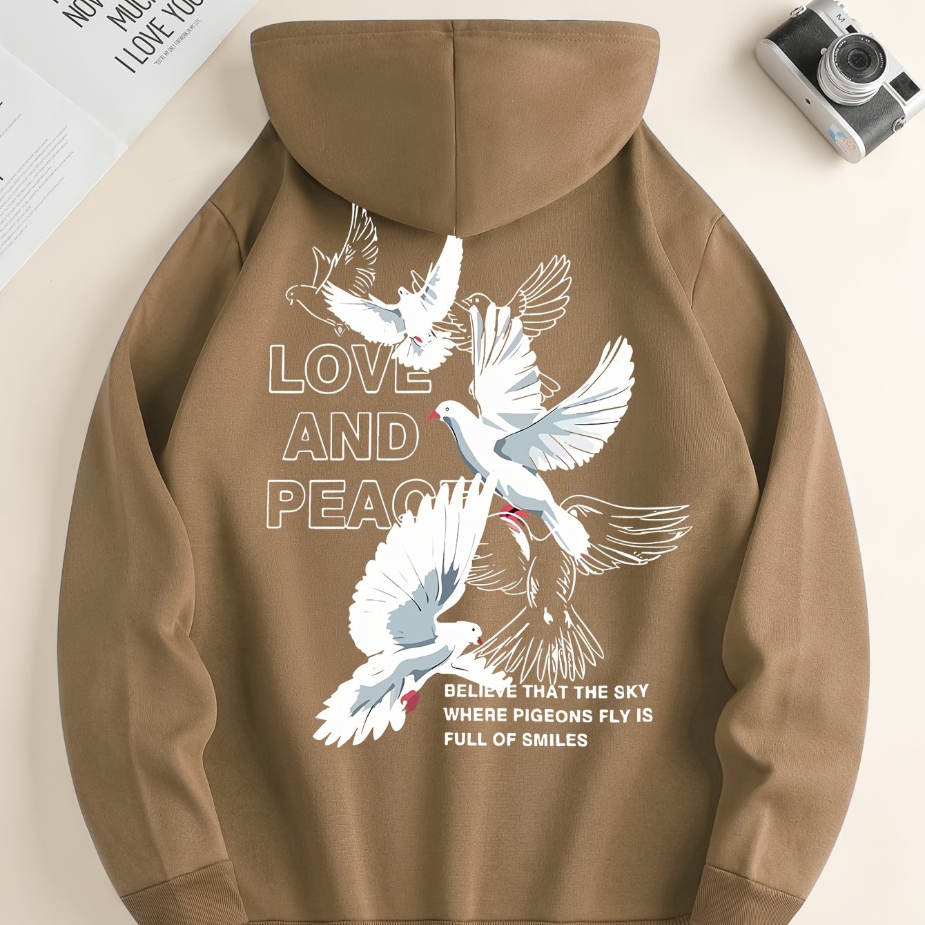 Hoodies For Men, 'Love And Peace' Graphic Print Hoodie, Men’s Casual Pullover Hooded Sweatshirt With Kangaroo Pocket For Spring Fall, As Gifts