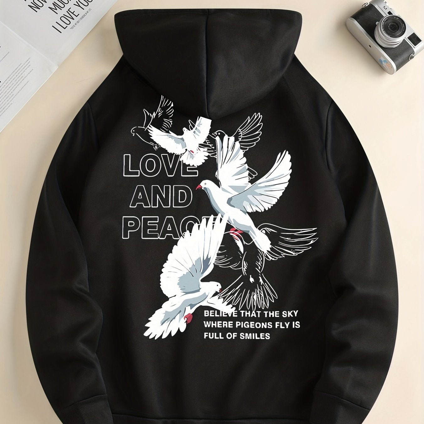 Hoodies For Men, 'Love And Peace' Graphic Print Hoodie, Men’s Casual Pullover Hooded Sweatshirt With Kangaroo Pocket For Spring Fall, As Gifts