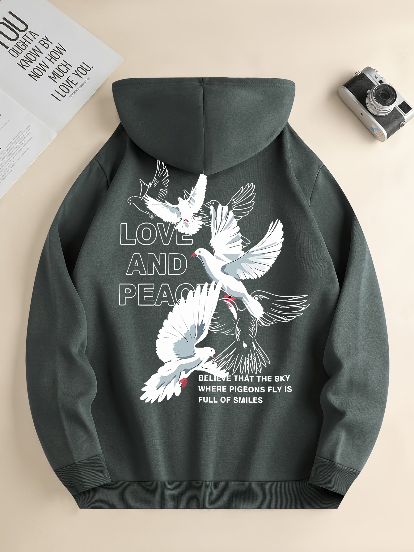 Hoodies For Men, 'Love And Peace' Graphic Print Hoodie, Men’s Casual Pullover Hooded Sweatshirt With Kangaroo Pocket For Spring Fall, As Gifts