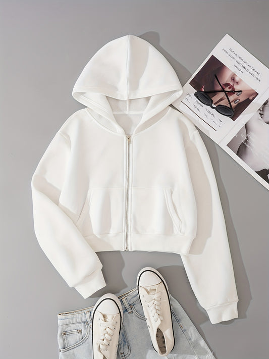 Zip Up Crop Hoodies, Long Sleeve Sports Casual Sweatshirt, Women's Clothing