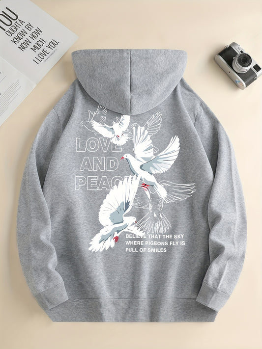 Hoodies For Men, 'Love And Peace' Graphic Print Hoodie, Men’s Casual Pullover Hooded Sweatshirt With Kangaroo Pocket For Spring Fall, As Gifts