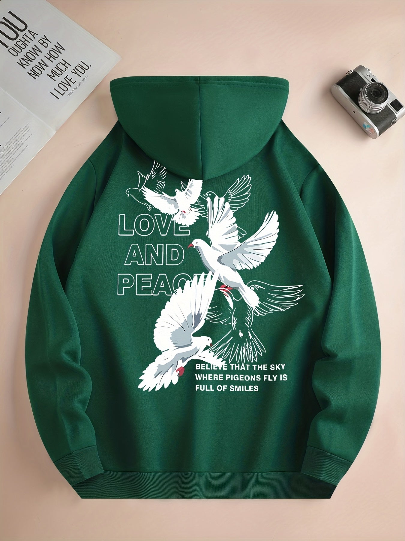 Hoodies For Men, 'Love And Peace' Graphic Print Hoodie, Men’s Casual Pullover Hooded Sweatshirt With Kangaroo Pocket For Spring Fall, As Gifts