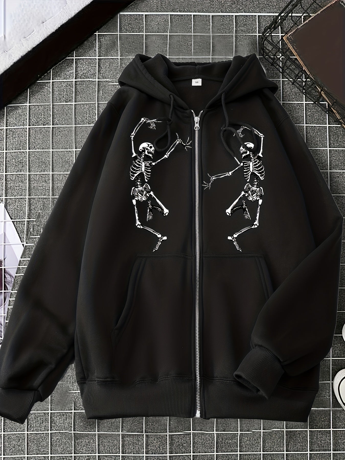 Skull Print Zip Up Hoodies, Casual Drawstring Long Sleeve Kangaroo Pocket Sweatshirt, Women's Clothing