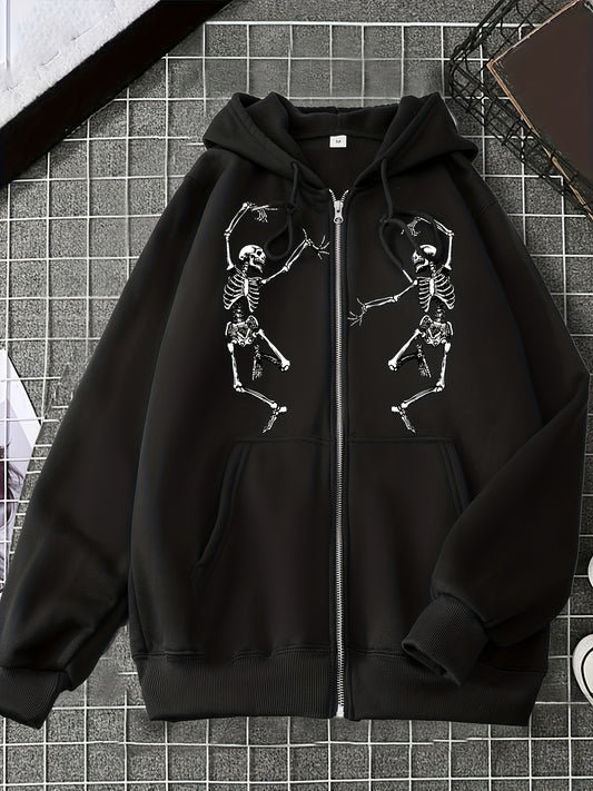 Skull Print Zip Up Hoodies, Casual Drawstring Long Sleeve Kangaroo Pocket Sweatshirt, Women's Clothing