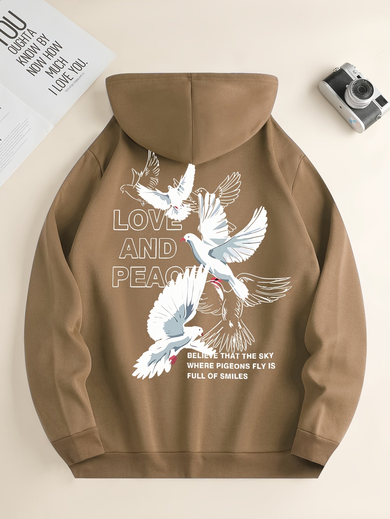 Hoodies For Men, 'Love And Peace' Graphic Print Hoodie, Men’s Casual Pullover Hooded Sweatshirt With Kangaroo Pocket For Spring Fall, As Gifts