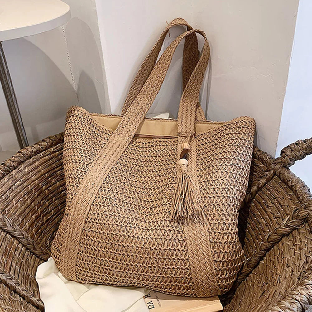 Summer Straw Bag for Women Handmade Woven Shoulder Bag Large Capacity Tote Bags with Pendant Armpit Bag Top-handle Handbag Purse