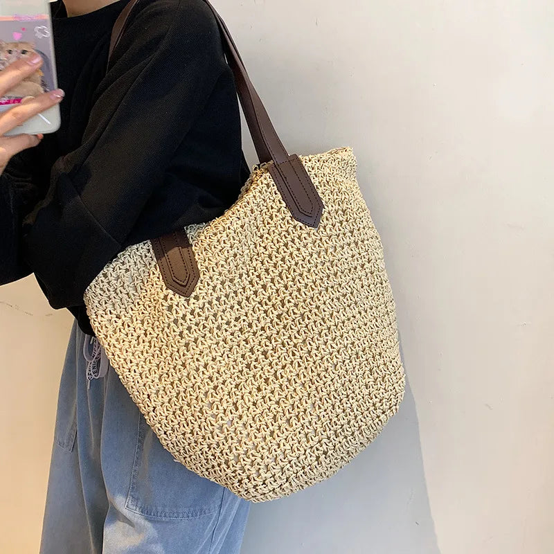 Summer Beach Bags For Women Handmade Rattan Woven Shoulder Bags Large Capacity Straw Bag Bohemian Casual Travel Handbag Totes
