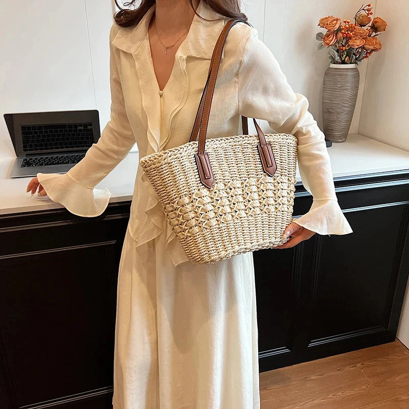Summer Straw Bags for Women Straw Shoulder Bags Rattan Woven Top Handle Bag Hollow Raffia Crochet Bag Casual Handbags