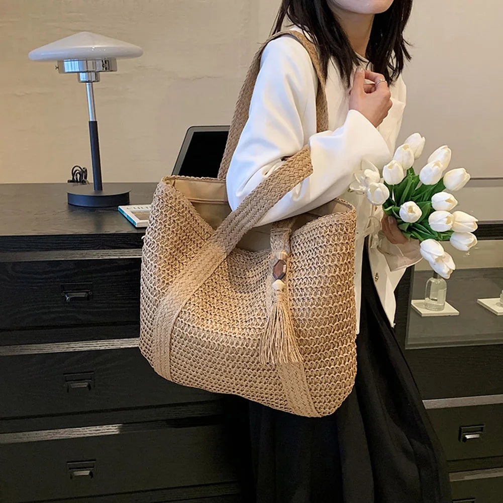 Summer Straw Bag for Women Handmade Woven Shoulder Bag Large Capacity Tote Bags with Pendant Armpit Bag Top-handle Handbag Purse