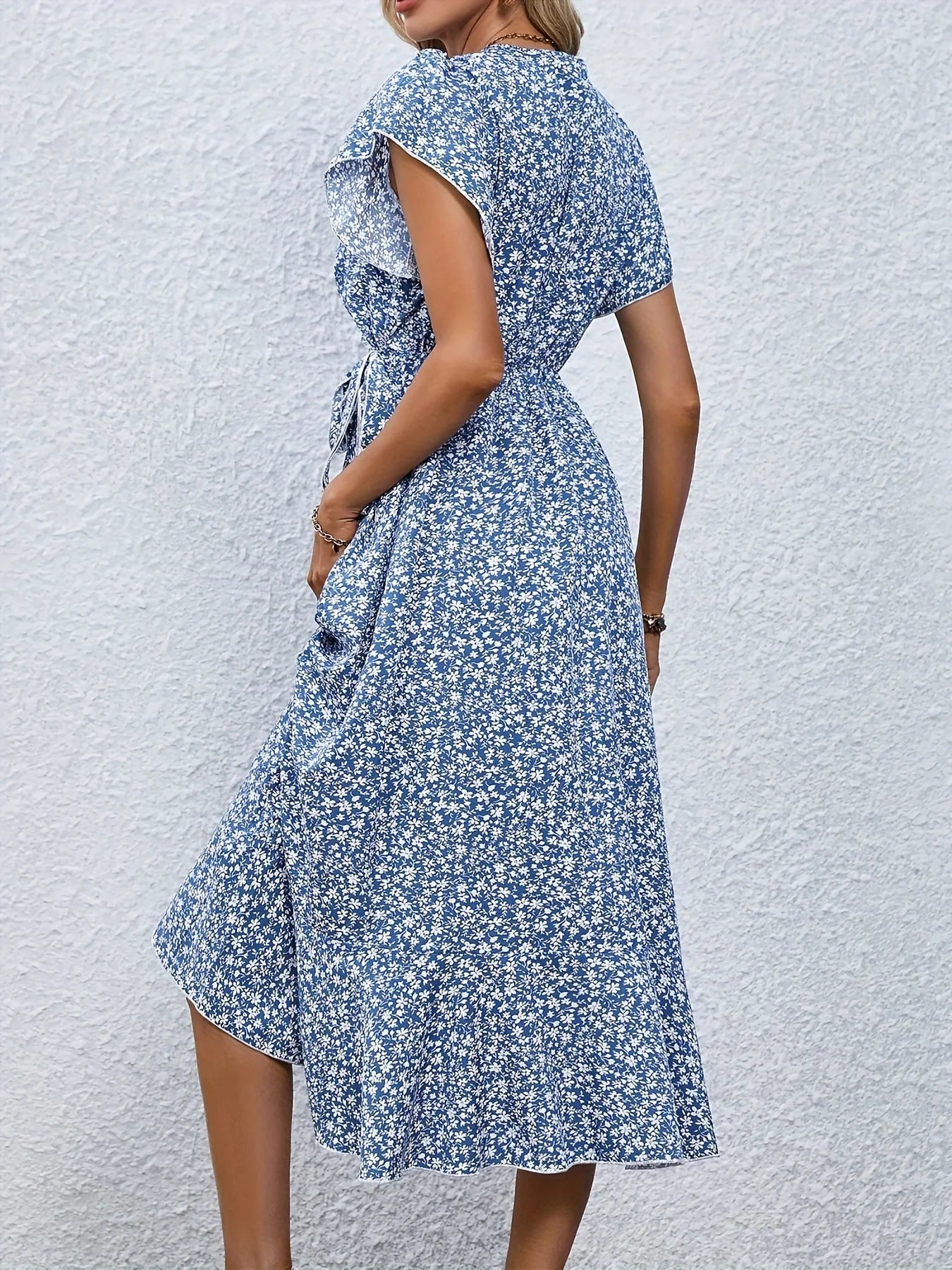 Summer Dresses for Women Sexy V Neck Short Sleeve Irregular High Waist Lace-up Flower Print Dress Casual Beach Dresses
