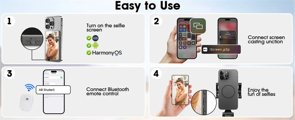 Magnetic Selfie Monitor Screen w Wireless Remote Phone Vlog Rear Camera Monitor for iPhone Android Recording Vlog Live Stream