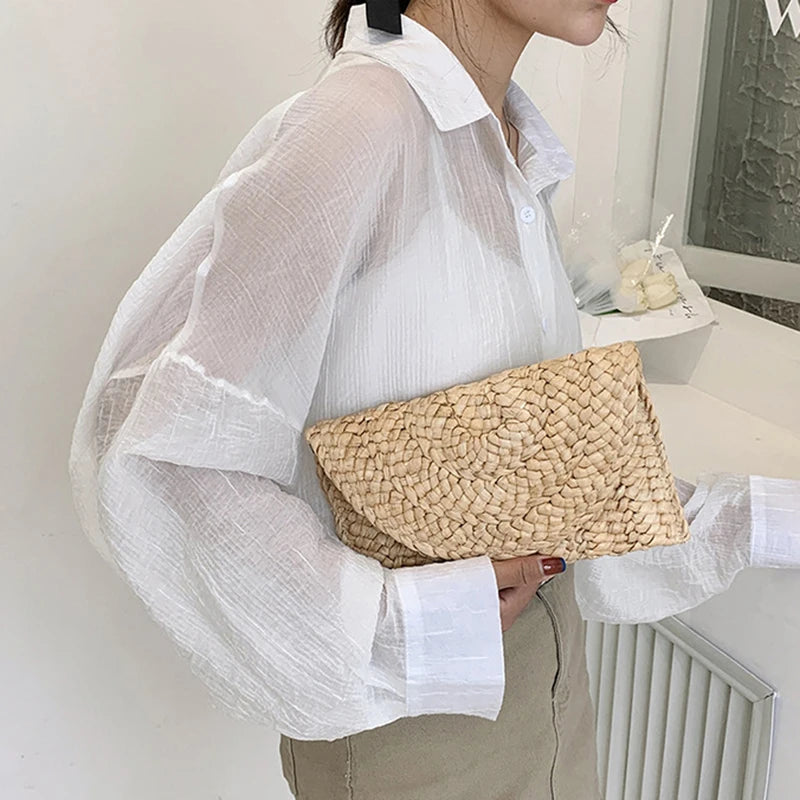 Summer Beach Bags For Women Handmade Straw Envelope Crossbody Bag Braided Shoulder Messenger Bag Vacation Woven Handbag