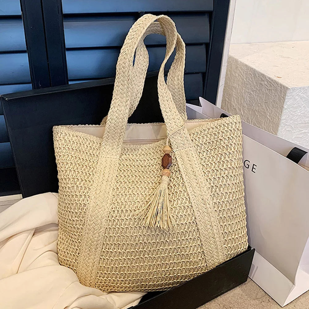 Summer Straw Bag for Women Handmade Woven Shoulder Bag Large Capacity Tote Bags with Pendant Armpit Bag Top-handle Handbag Purse