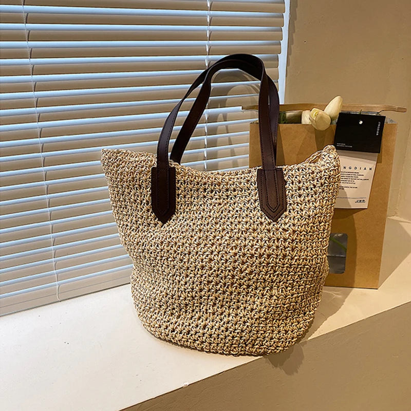 Summer Beach Bags For Women Handmade Rattan Woven Shoulder Bags Large Capacity Straw Bag Bohemian Casual Travel Handbag Totes