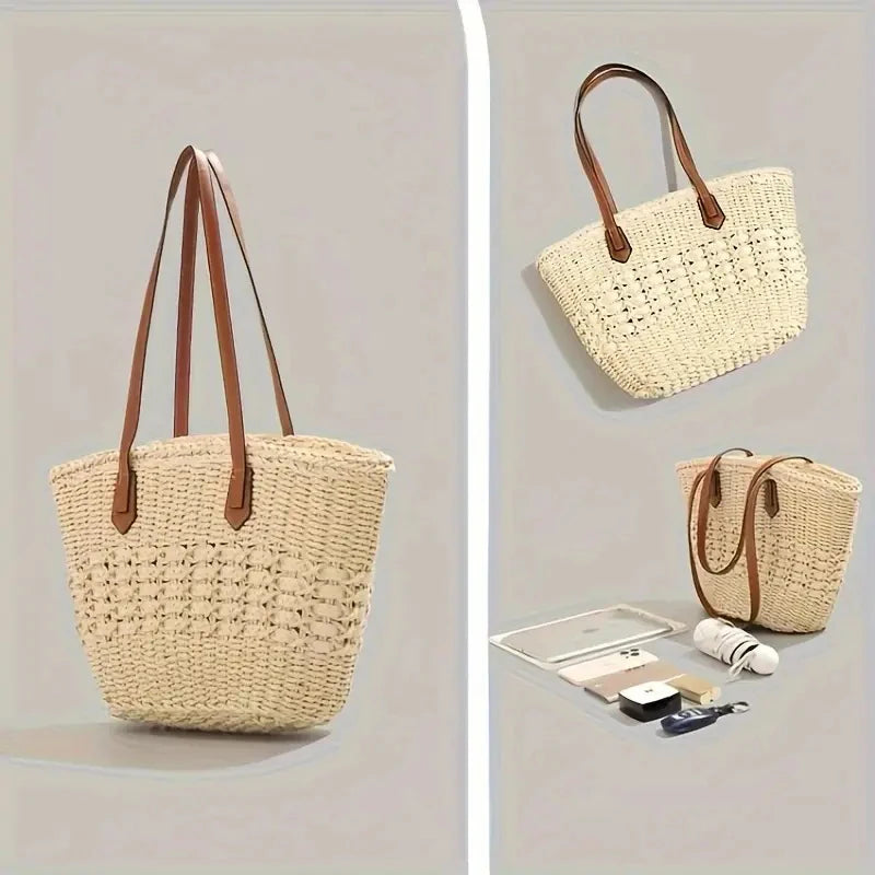 Summer Straw Bags for Women Straw Shoulder Bags Rattan Woven Top Handle Bag Hollow Raffia Crochet Bag Casual Handbags