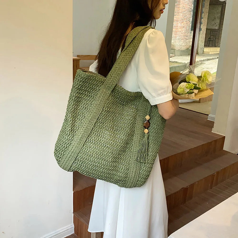 Summer Straw Bag for Women Handmade Woven Shoulder Bag Large Capacity Tote Bags with Pendant Armpit Bag Top-handle Handbag Purse