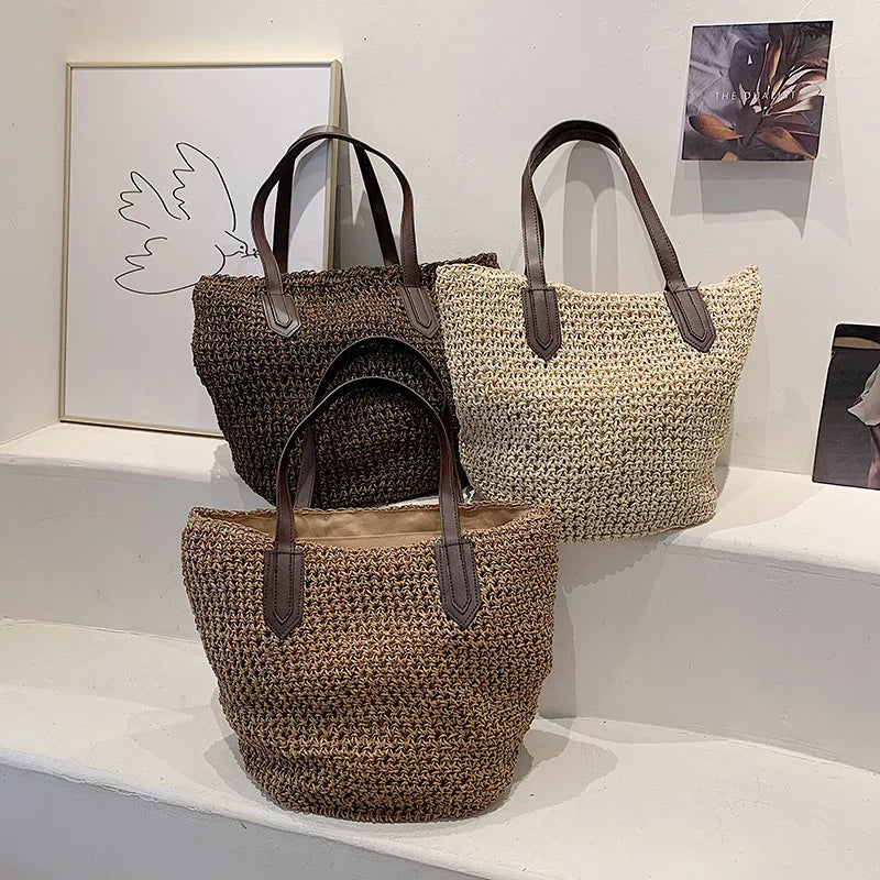 Summer Beach Bags For Women Handmade Rattan Woven Shoulder Bags Large Capacity Straw Bag Bohemian Casual Travel Handbag Totes