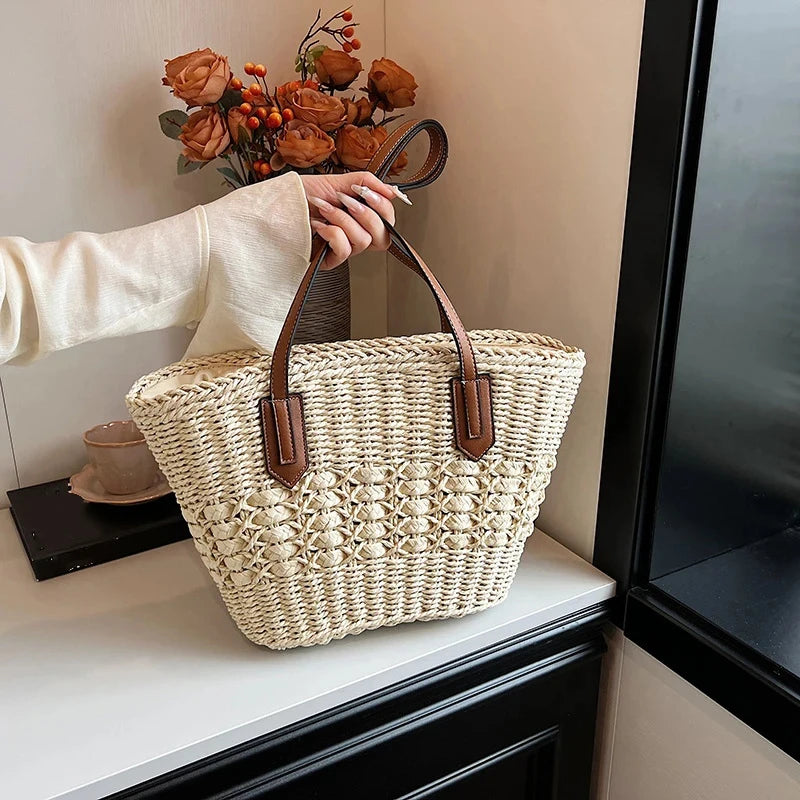 Summer Straw Bags for Women Straw Shoulder Bags Rattan Woven Top Handle Bag Hollow Raffia Crochet Bag Casual Handbags