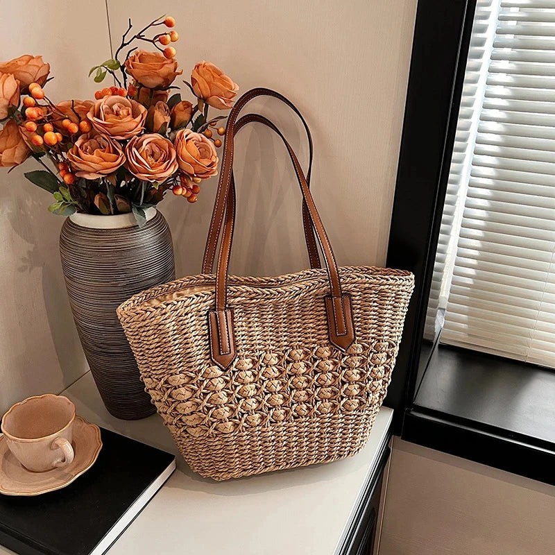 Summer Straw Bags for Women Straw Shoulder Bags Rattan Woven Top Handle Bag Hollow Raffia Crochet Bag Casual Handbags