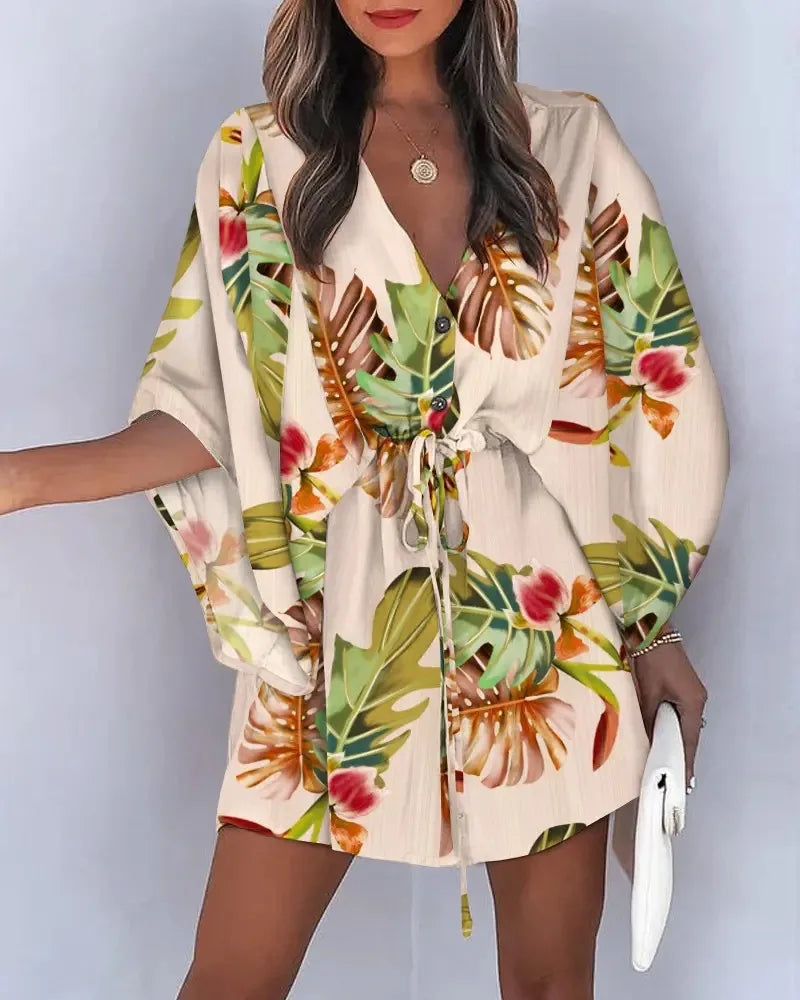 Summer Dress For Women 2024 New Floral Print Bat Half-Sleeve V-Neck Ruffle Irregular Hem Female Dress Casual Boho Women Clothes