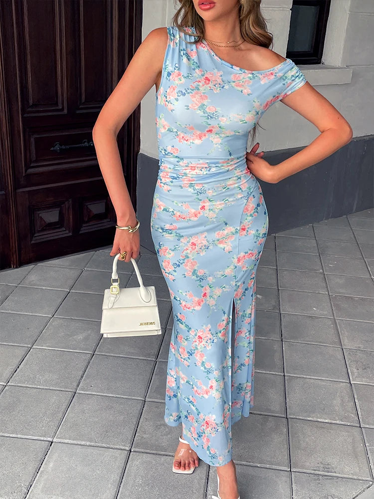 Women's Dresses Summer Streetwear Fashion New Print Split Print Maxi Dresses Sexy Female Casual Slim Knitted Dresses Clothing