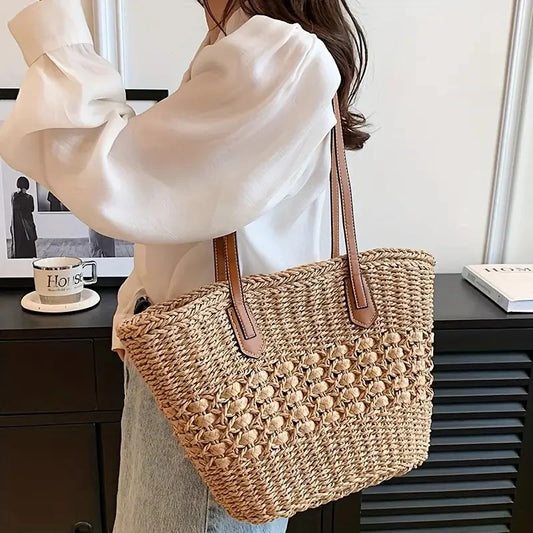 Summer Straw Bags for Women Straw Shoulder Bags Rattan Woven Top Handle Bag Hollow Raffia Crochet Bag Casual Handbags