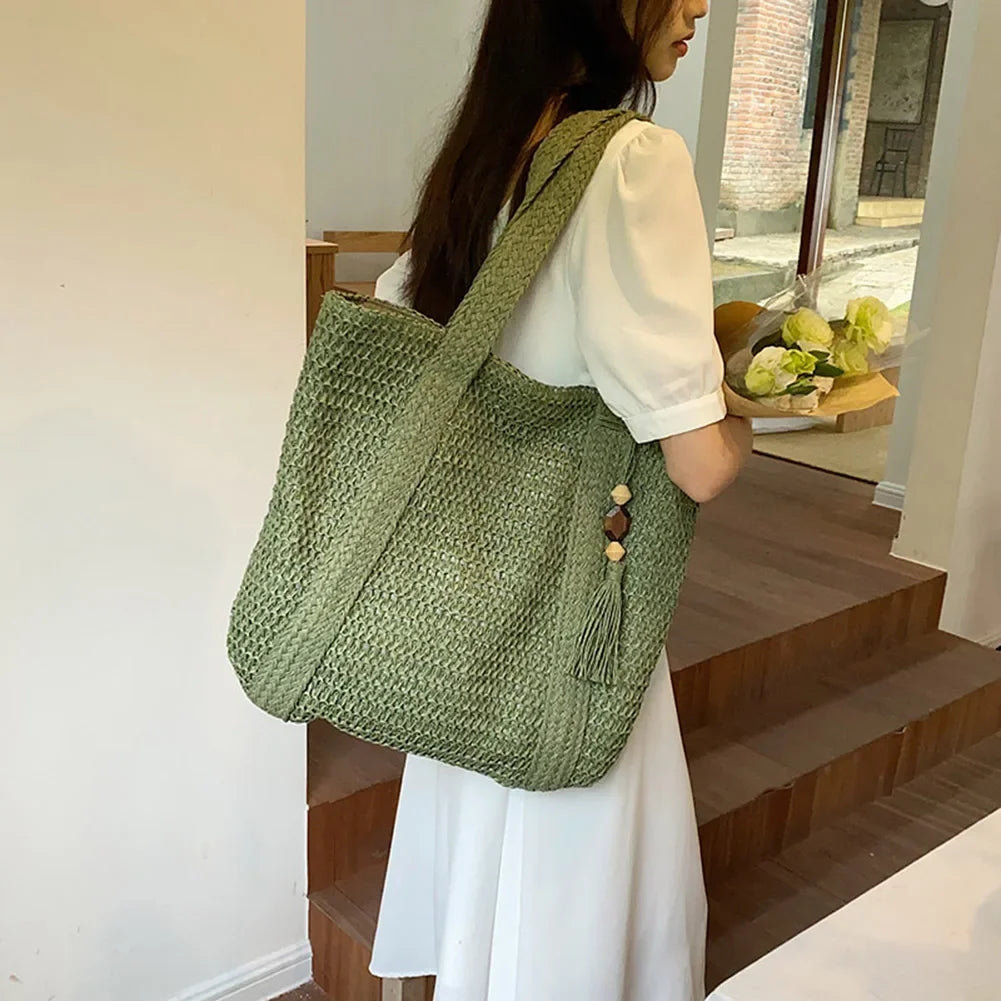 Summer Straw Bag for Women Handmade Woven Shoulder Bag Large Capacity Tote Bags with Pendant Armpit Bag Top-handle Handbag Purse