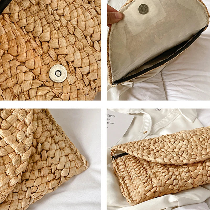 Summer Beach Bags For Women Handmade Straw Envelope Crossbody Bag Braided Shoulder Messenger Bag Vacation Woven Handbag