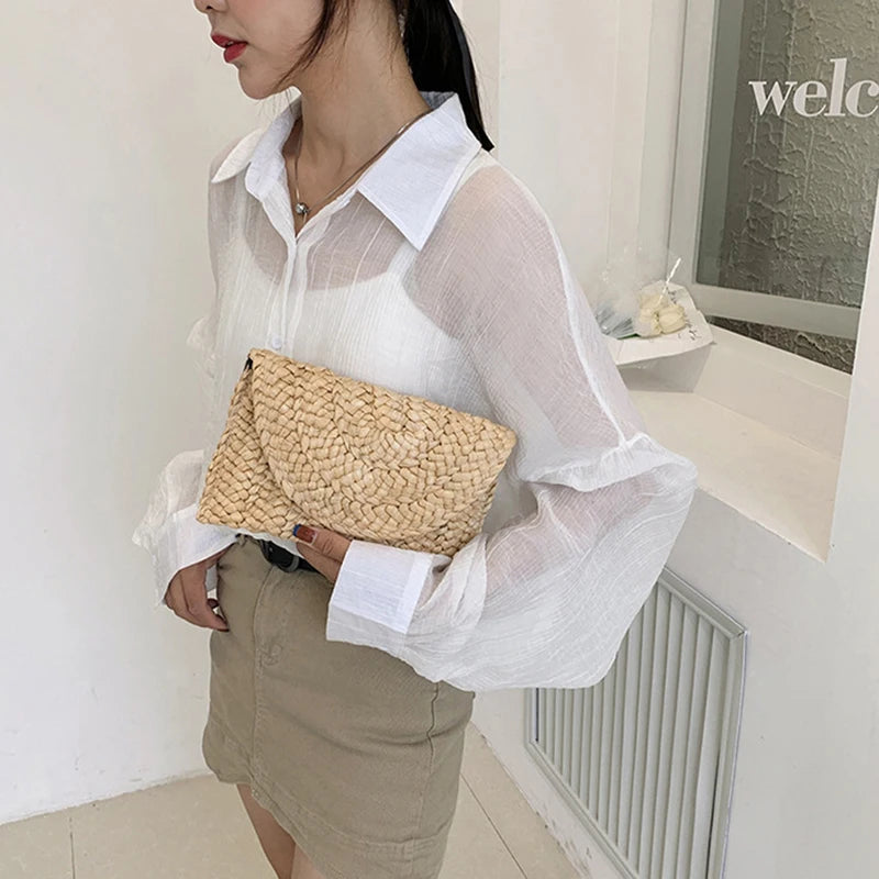 Summer Beach Bags For Women Handmade Straw Envelope Crossbody Bag Braided Shoulder Messenger Bag Vacation Woven Handbag