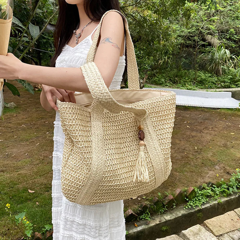 Summer Straw Bag for Women Handmade Woven Shoulder Bag Large Capacity Tote Bags with Pendant Armpit Bag Top-handle Handbag Purse