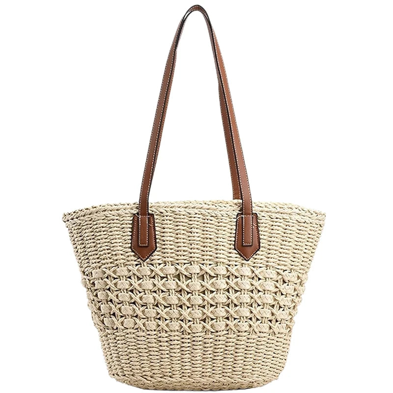 Summer Straw Bags for Women Straw Shoulder Bags Rattan Woven Top Handle Bag Hollow Raffia Crochet Bag Casual Handbags