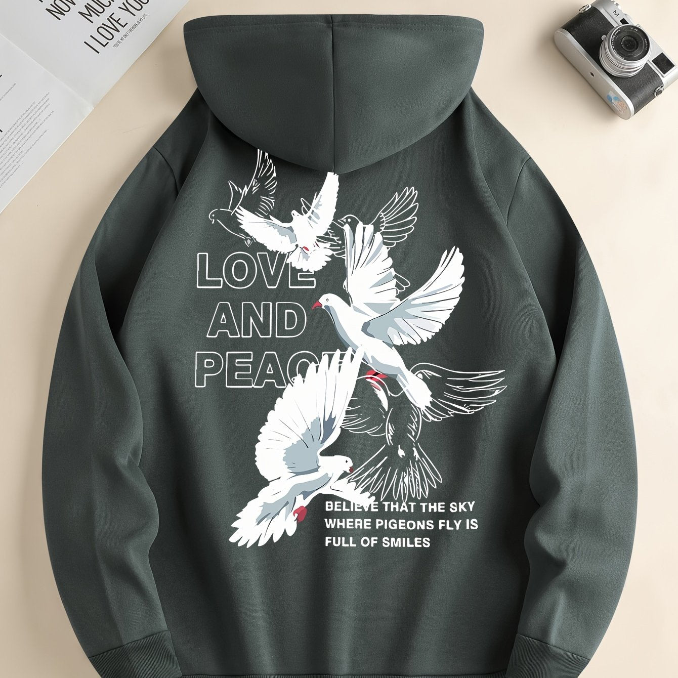 Hoodies For Men, 'Love And Peace' Graphic Print Hoodie, Men’s Casual Pullover Hooded Sweatshirt With Kangaroo Pocket For Spring Fall, As Gifts